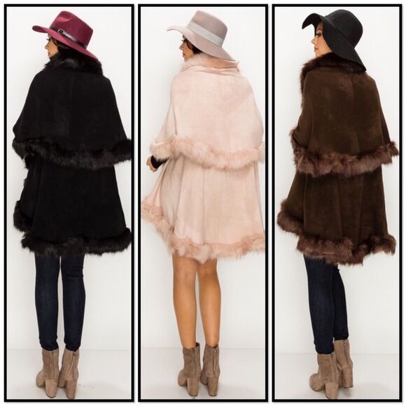 New Version! Fluffy Navy Blue double layer Faux Fur CAPE Coat - Picture 7 of 10